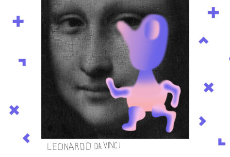 Twarz Mony Lisy z obrazu Leonardo Da Vinci. W prawym dolnym rogu zasłania ją fioletowy stworek.
