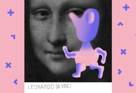 Twarz Mony Lisy z obrazu Leonardo Da Vinci. W prawym dolnym rogu zasłania ją fioletowy stworek.
