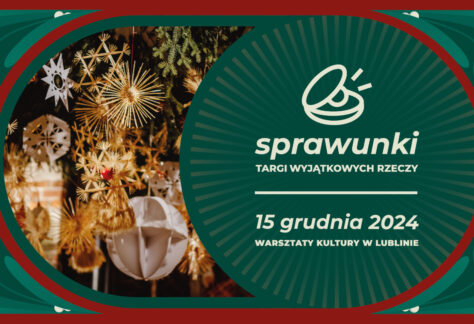 Grafika zapowiadająca Sprawunki 15 grudnia 2024. W tle podłaźniczka.