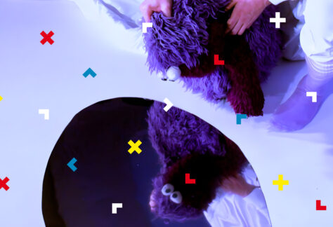 Maskotka odbija się w lustrze.