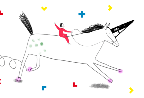 Obrazek narysowany przez dziecko. Na jednorożcu jedzie chłopiec.