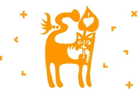 Żółta grafika z kotem.