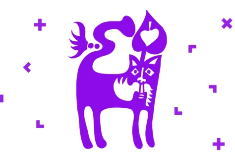Fioletowa grafika z kotem.