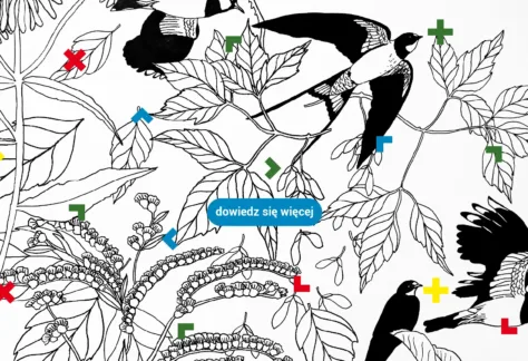 Czarno-biała grafika z drzewem i ptakami.