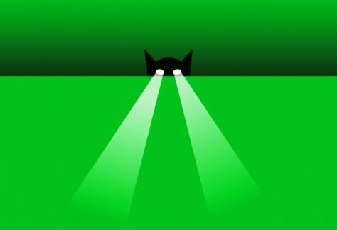 Grafika z kotem, którego oczy świecą jak latarka.