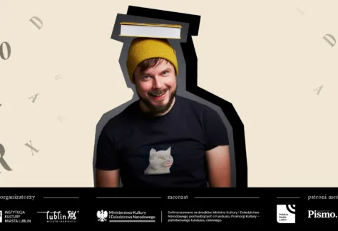 Grafika z mężczyzną, który ma książkę na głowie.