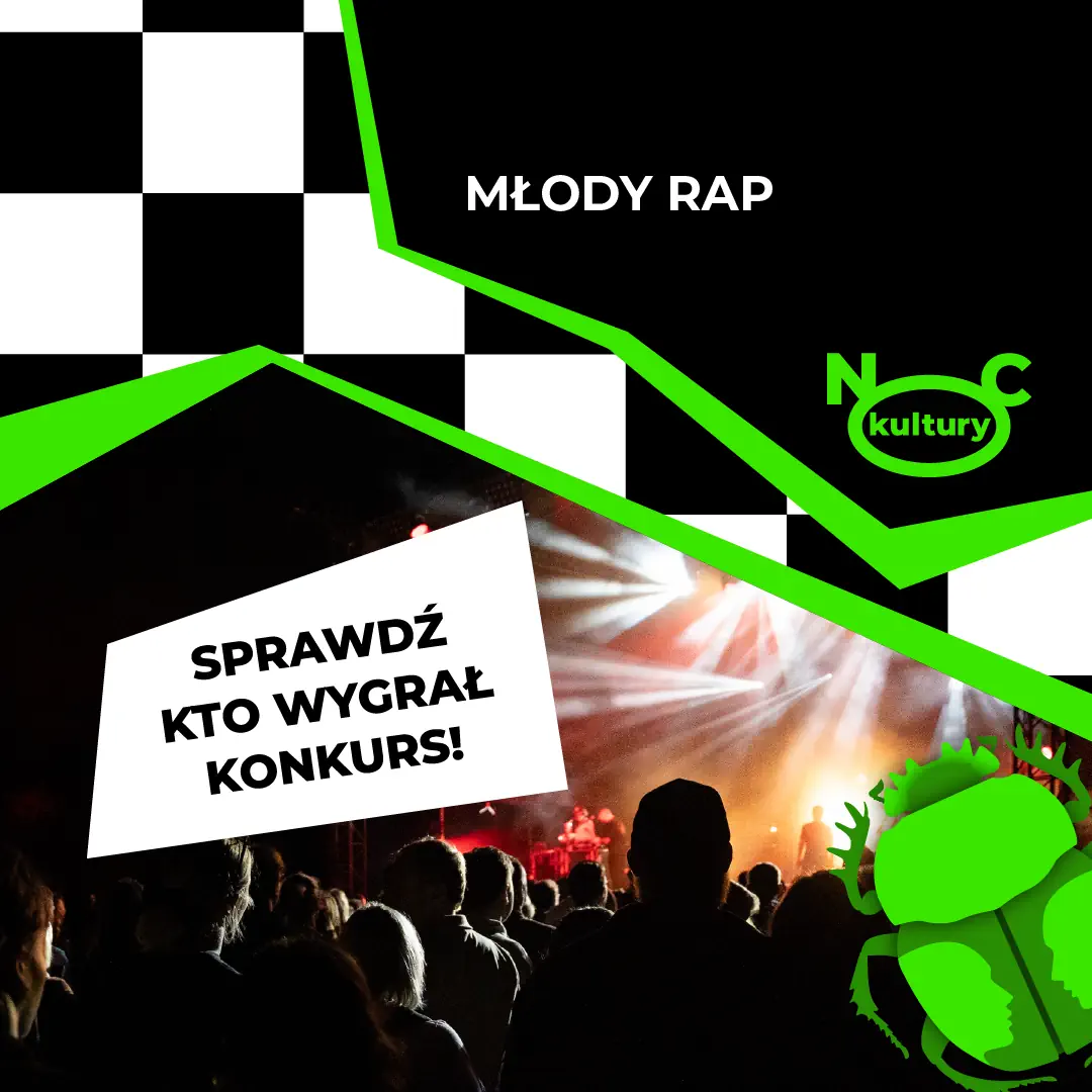 Grafika z napisem: Sprawdź, kto wygrał konkurs! Młody Rap.