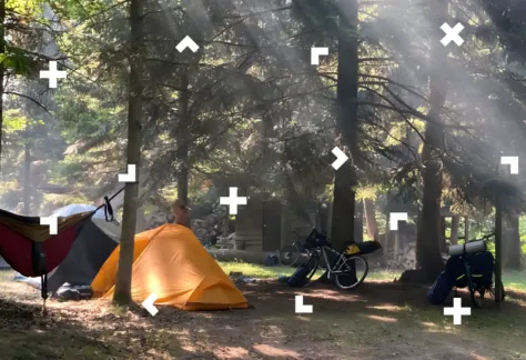 Namiot rozstawiony w lesie.