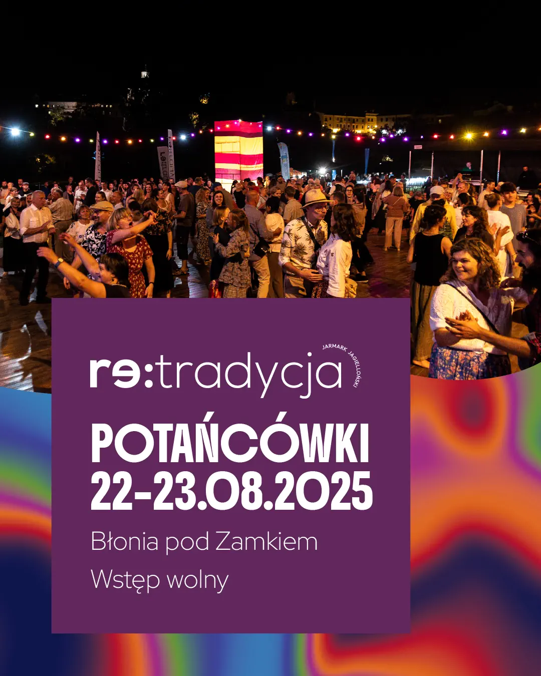 Grafika z ludźmi tańczącymi podczas potańcówki. Napis: Potańcówki 22-23.08.2025 Błonia pod Zamkiem, wstęp wolny.