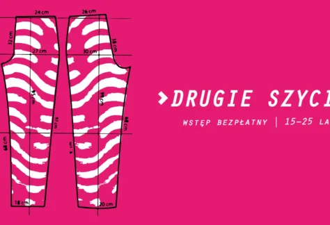 Krój spodni na różowym tle. Napis: Drugie szycie.