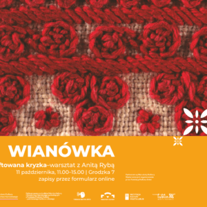Kwiaty haftowane na materiale. Napis: Wianówka.