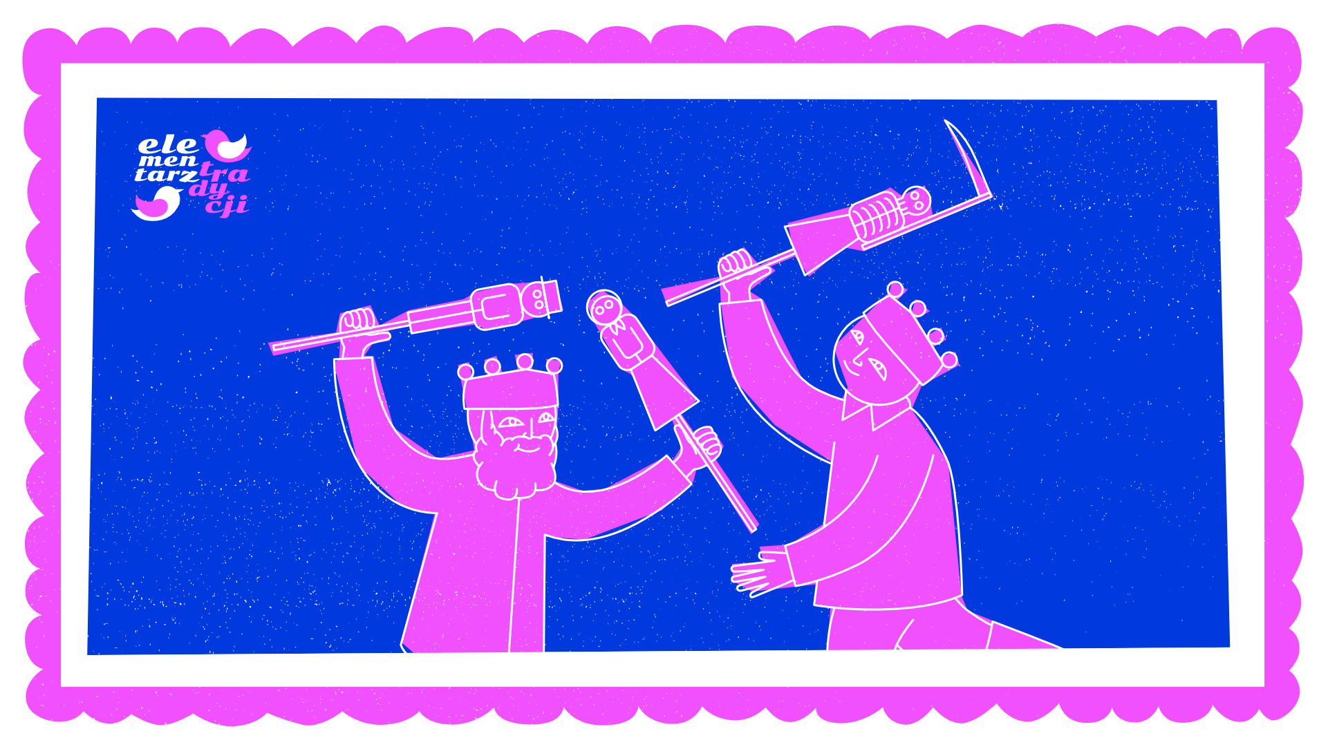 Grafika przypomina znaczek pocztowy. Są na nim dwaj panowie, którzy trzymają lalki kukiełki.