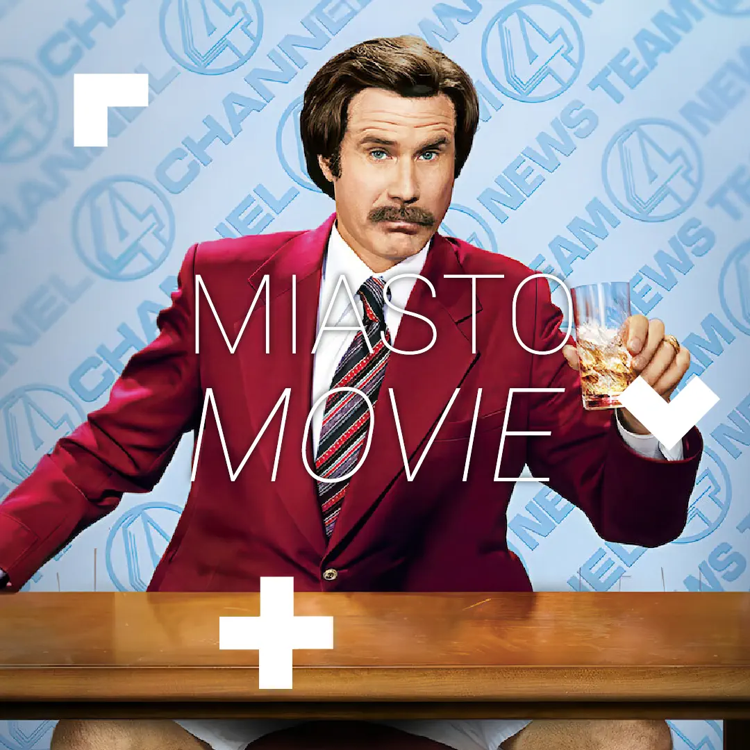 Legenda_Telewizji_kwadrat Mężczyzna w majtkach i marynarce siedzi przy stole. Napis Miasto Movie.