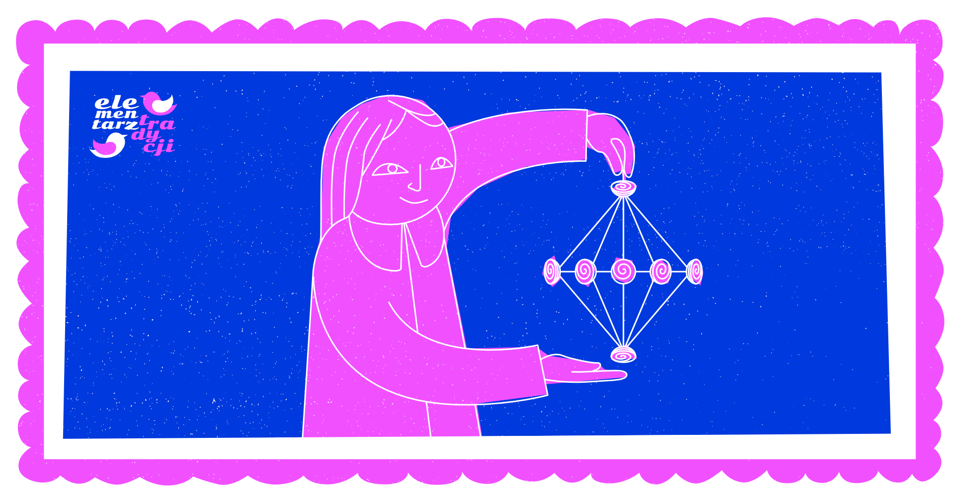 Grafika przypomina znaczek pocztowy. Jest na nim dziewczynka, która trzyma pająka ze słomy.