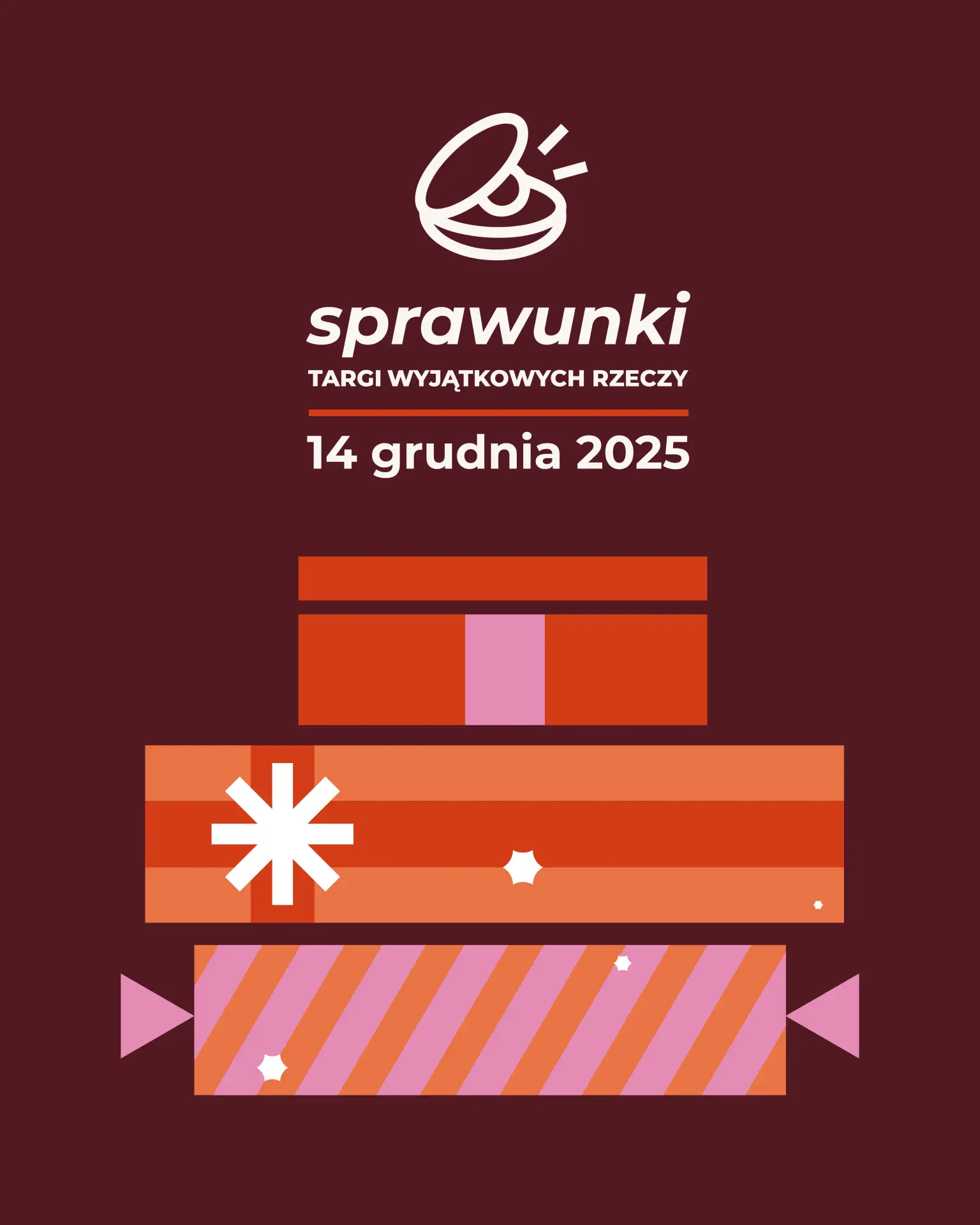 Grafika z prezentami i napis: Sprawunki - Targi Wyjątkowych Rzeczy 14 grudnia 2025.