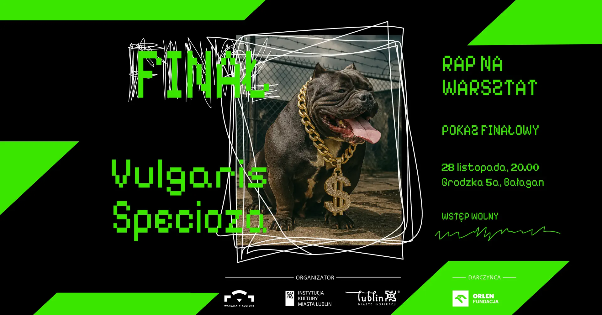 Grafika z buldogiem i napis Finał Vulgaris Specioza.