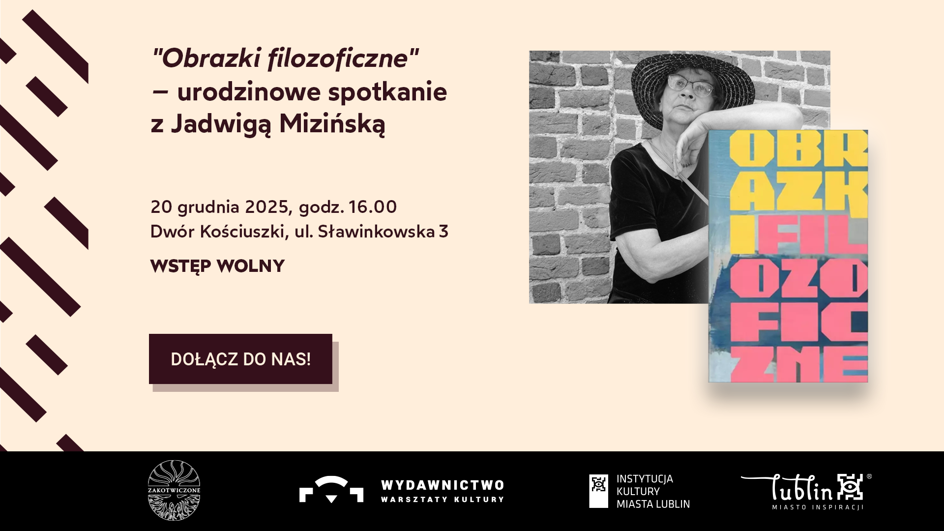 Grafika zapowiadająca spotkanie z Jadwigą Mizińską oraz nowy ebook Wydawnictwa Warsztatów Kultury pt. Obrazki filozoficzne.