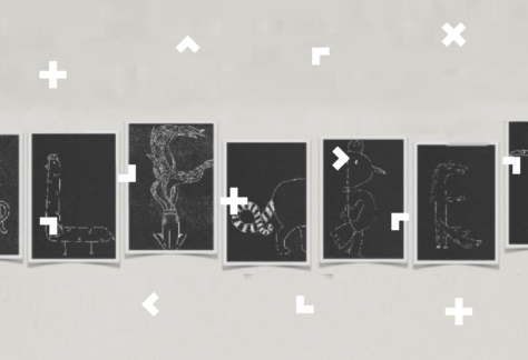 Grafiki na czarno-białym tle mają kształty liter.