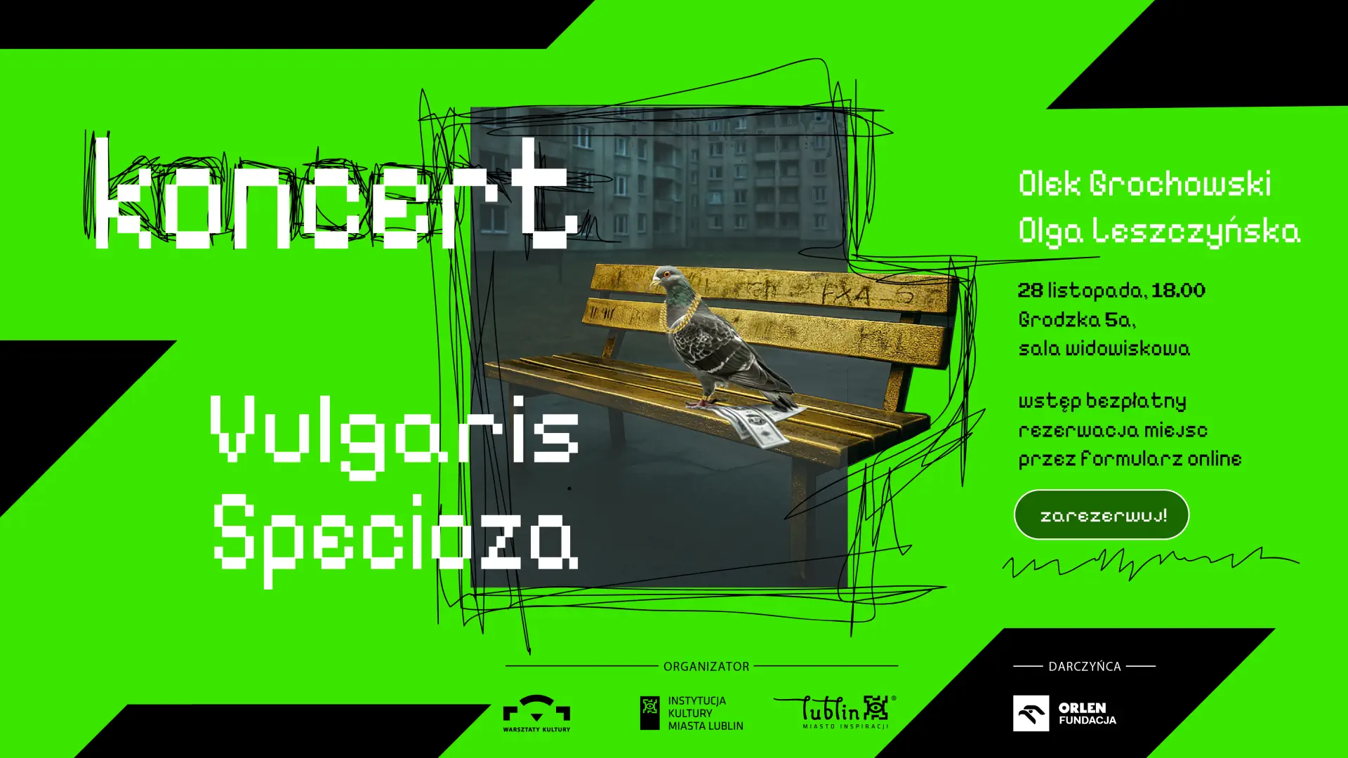 Grafika z gołębiem na ławce. Napis: Koncert Vulgaris Specioza. Olek Grotowski i Olga Leszczyńska.