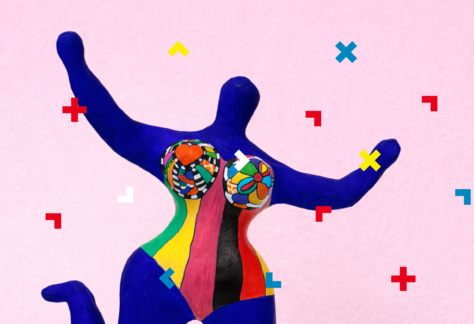 Grafika z kolorową postacią, która skacze.