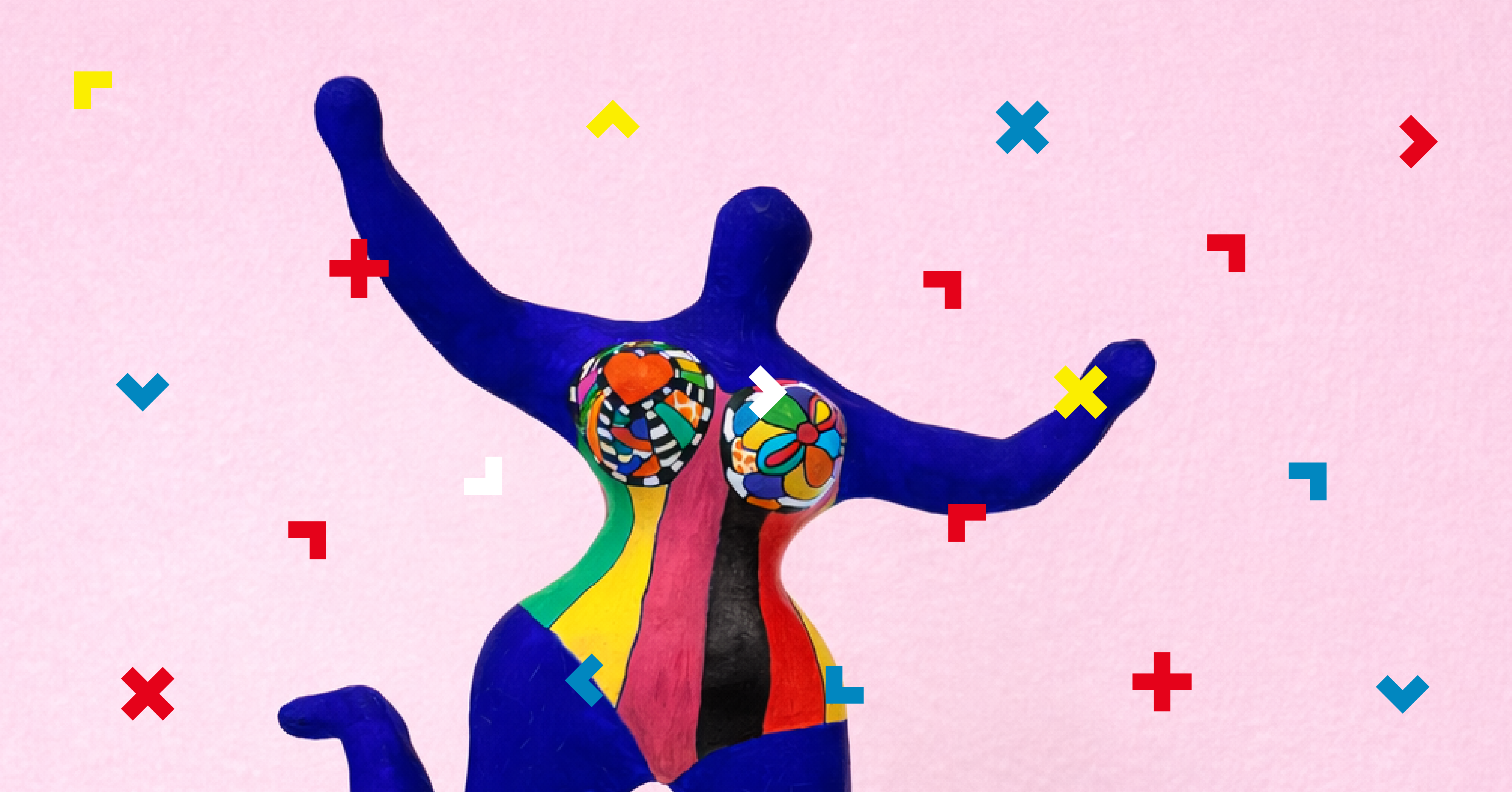 Grafika z kolorową postacią, która skacze.