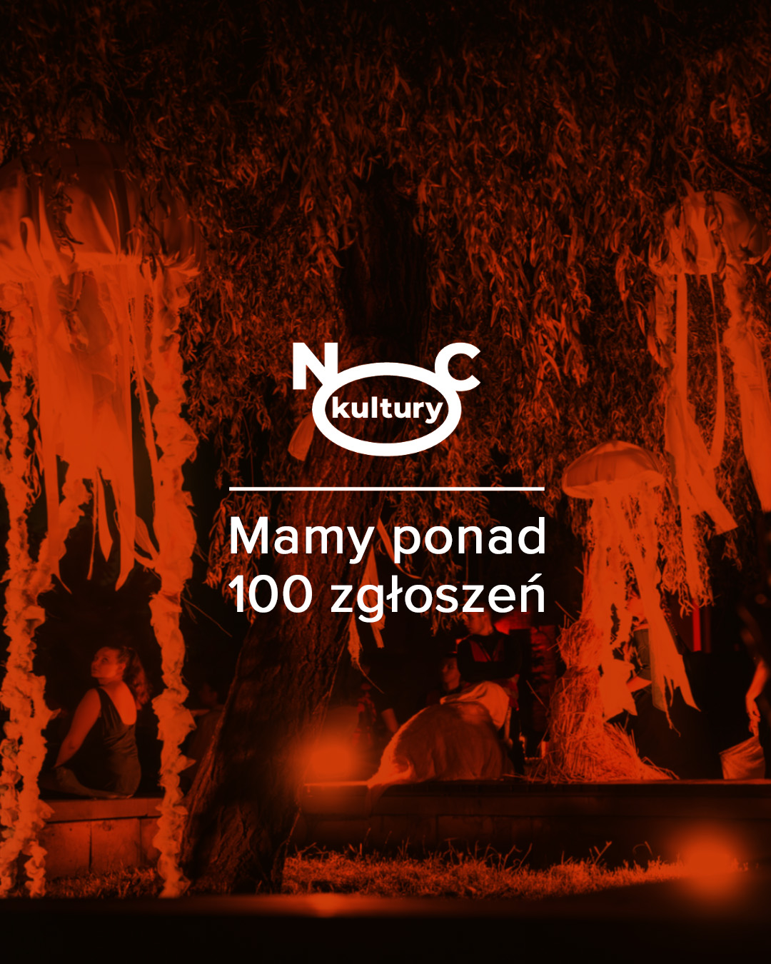 Grafika z instalacją z Nocy Kultury 2025 i napis: Noc Kultury. Mamy ponad 100 zgłoszeń.