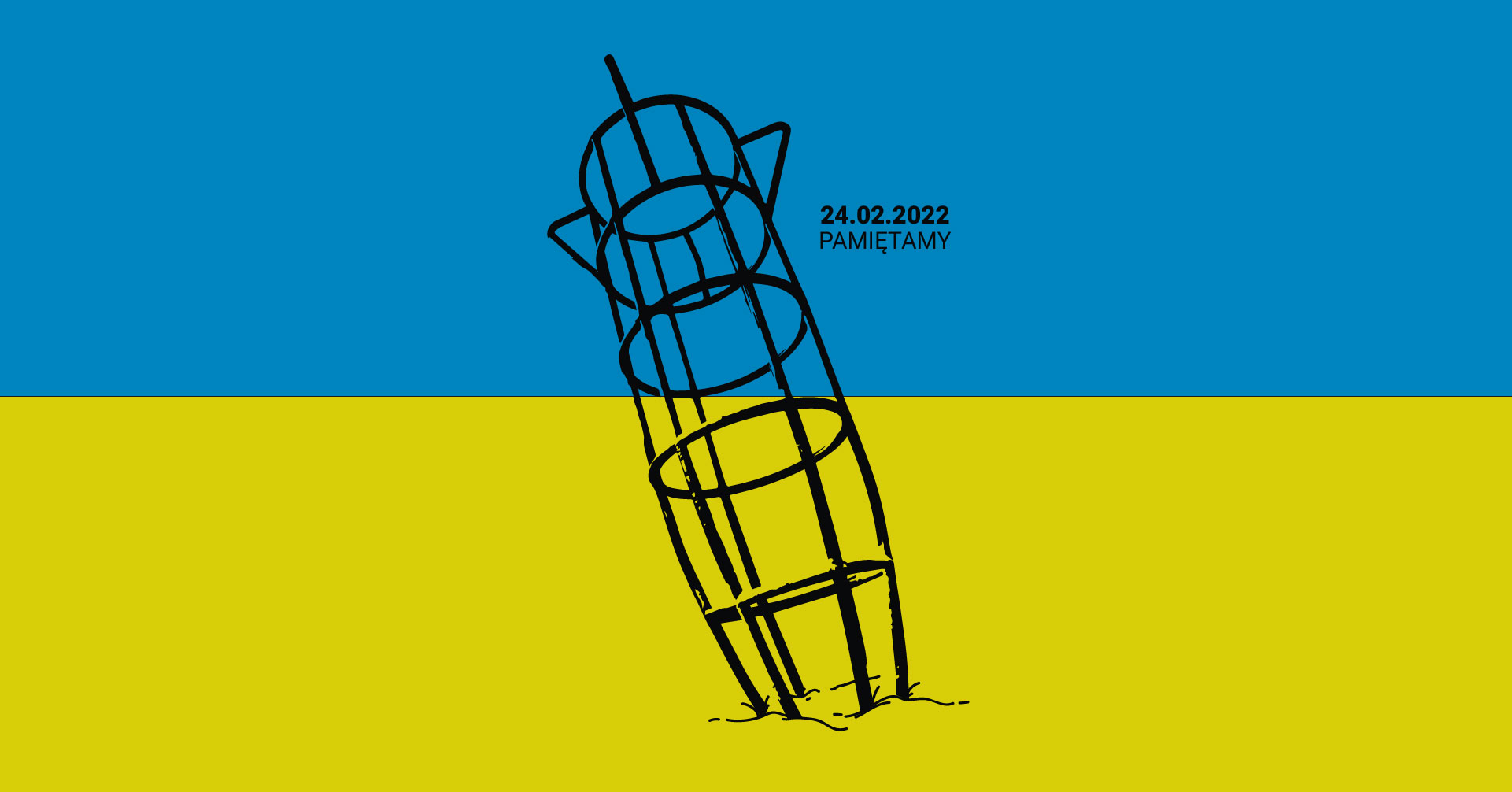 Grafika z rakietą na tle flagi Ukrainy.