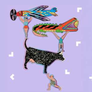 Grafika z trzema panami, krową, samolotem i krokodylem. Wszyscy stoją jeden na drugim.