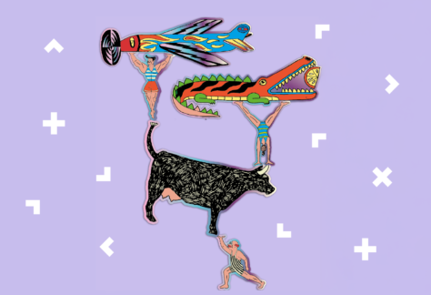 Grafika z trzema panami, krową, samolotem i krokodylem. Wszyscy stoją jeden na drugim.