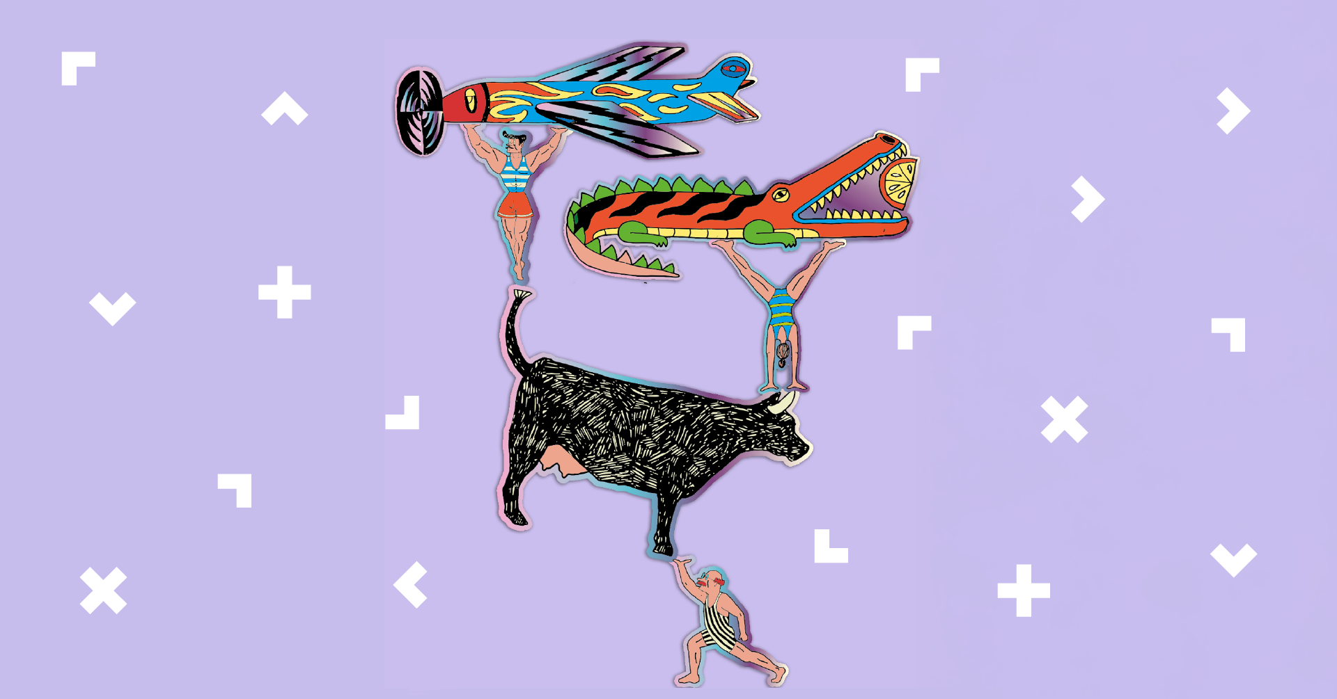 Grafika z trzema panami, krową, samolotem i krokodylem. Wszyscy stoją jeden na drugim.