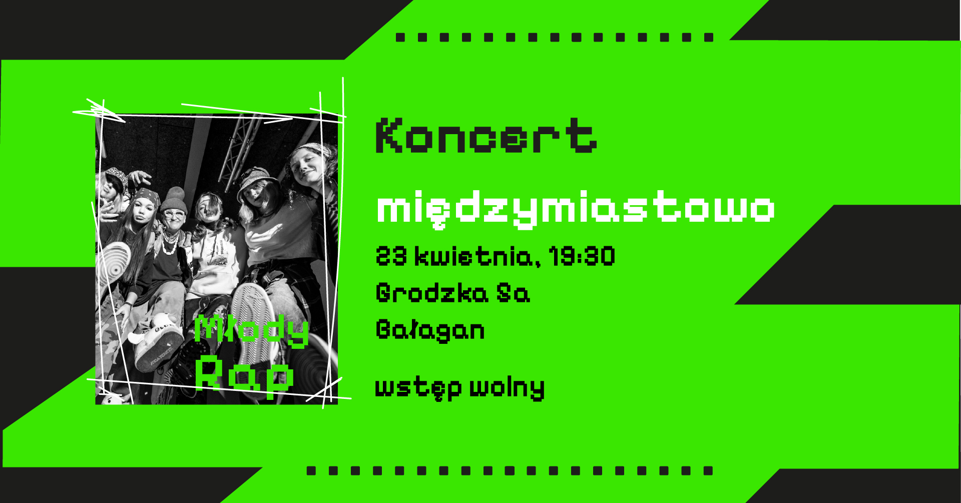 Grafika ze zdjęciem muzyków i napis Koncert międzymiastowo, 23 kwietnia 19.30, Grodzka 5a Bałagan, wstęp wolny.