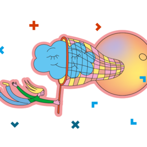 Grafika z chmurką, która jest uwięziona w sieci. Sieć trzyma dziewczynka.