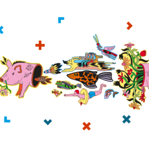 Grafika ze świnką, z której wychodzą zwierzęta, ryby, ludzie i kwiaty.