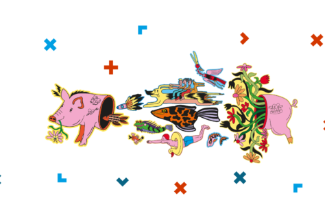 Grafika ze świnką, z której wychodzą zwierzęta, ryby, ludzie i kwiaty.