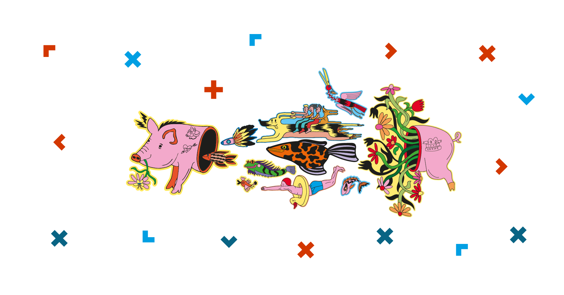 Grafika ze świnką, z której wychodzą zwierzęta, ryby, ludzie i kwiaty.