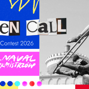 Grafika z akrobatką oraz napisy: Open call. Busker Contest 2026. Carnaval Sztukmistrzów.