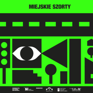 Na zielonym tle są różne kształty geometryczne w czarnym kolorze.