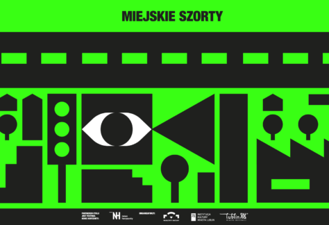 Na zielonym tle są różne kształty geometryczne w czarnym kolorze.