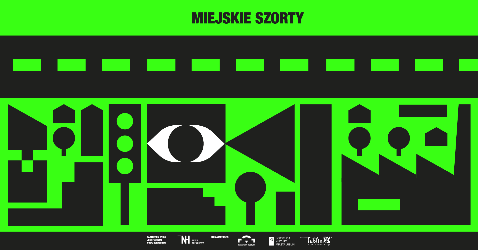 Na zielonym tle są różne kształty geometryczne w czarnym kolorze.