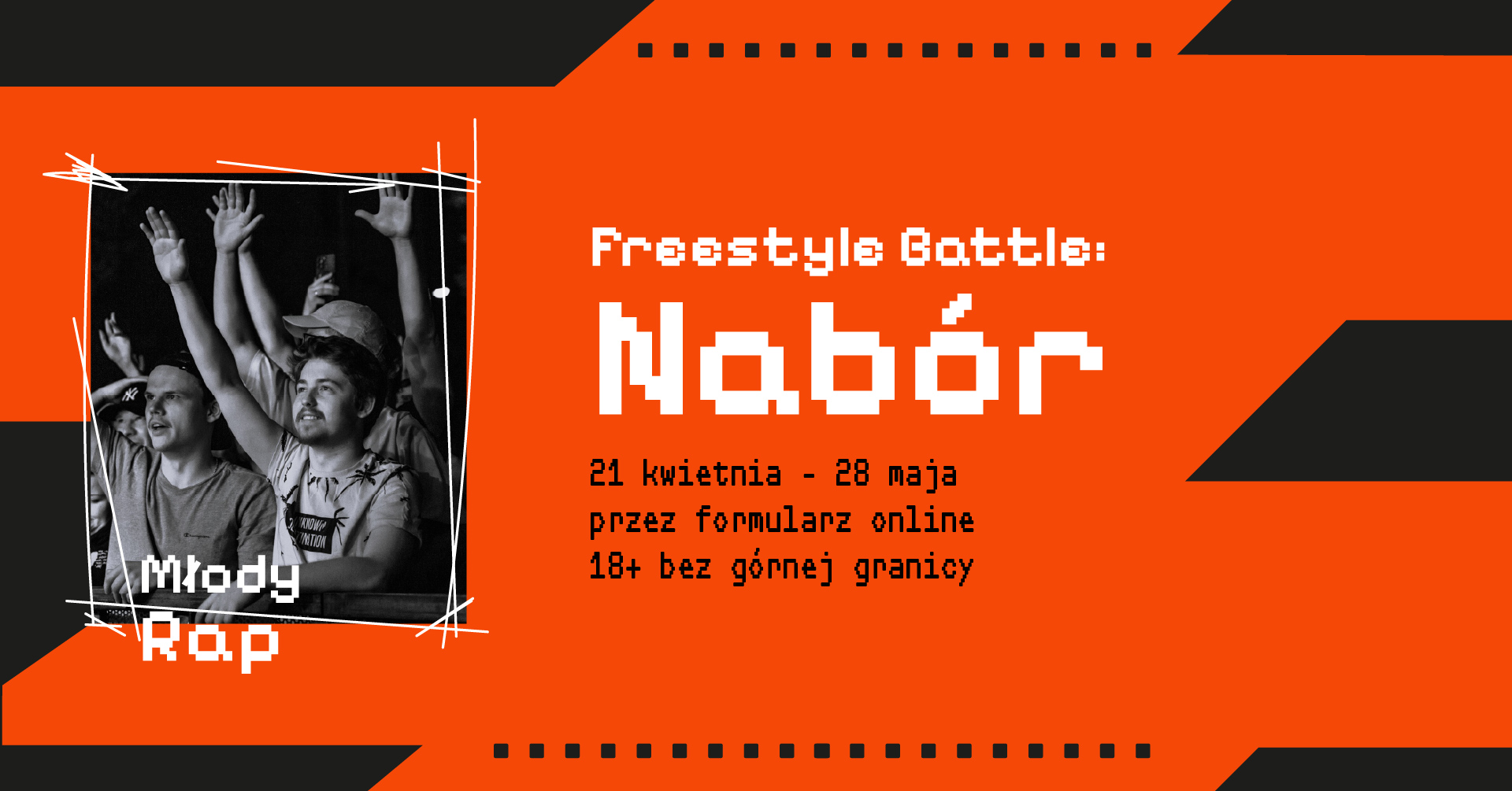 Grafika ze zdjęciem publiczności i napisem: Freestyle battle: nabór.