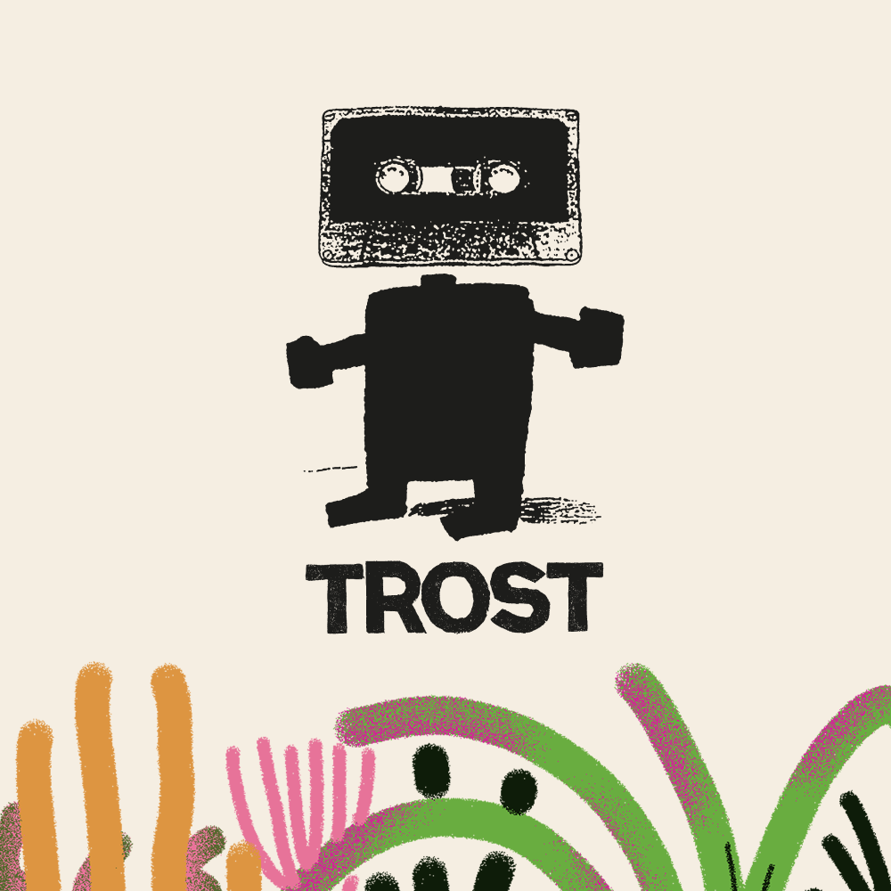 Grafika z czarnym ludzikiem i napis Trost.
