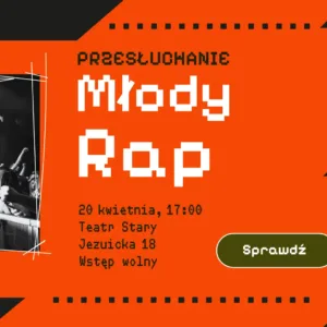 Grafika z napisem: Przesłuchanie Młody rap. Sprawdź.