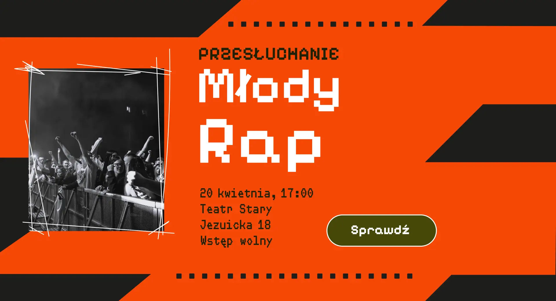 Grafika z napisem: Przesłuchanie Młody rap. Sprawdź.