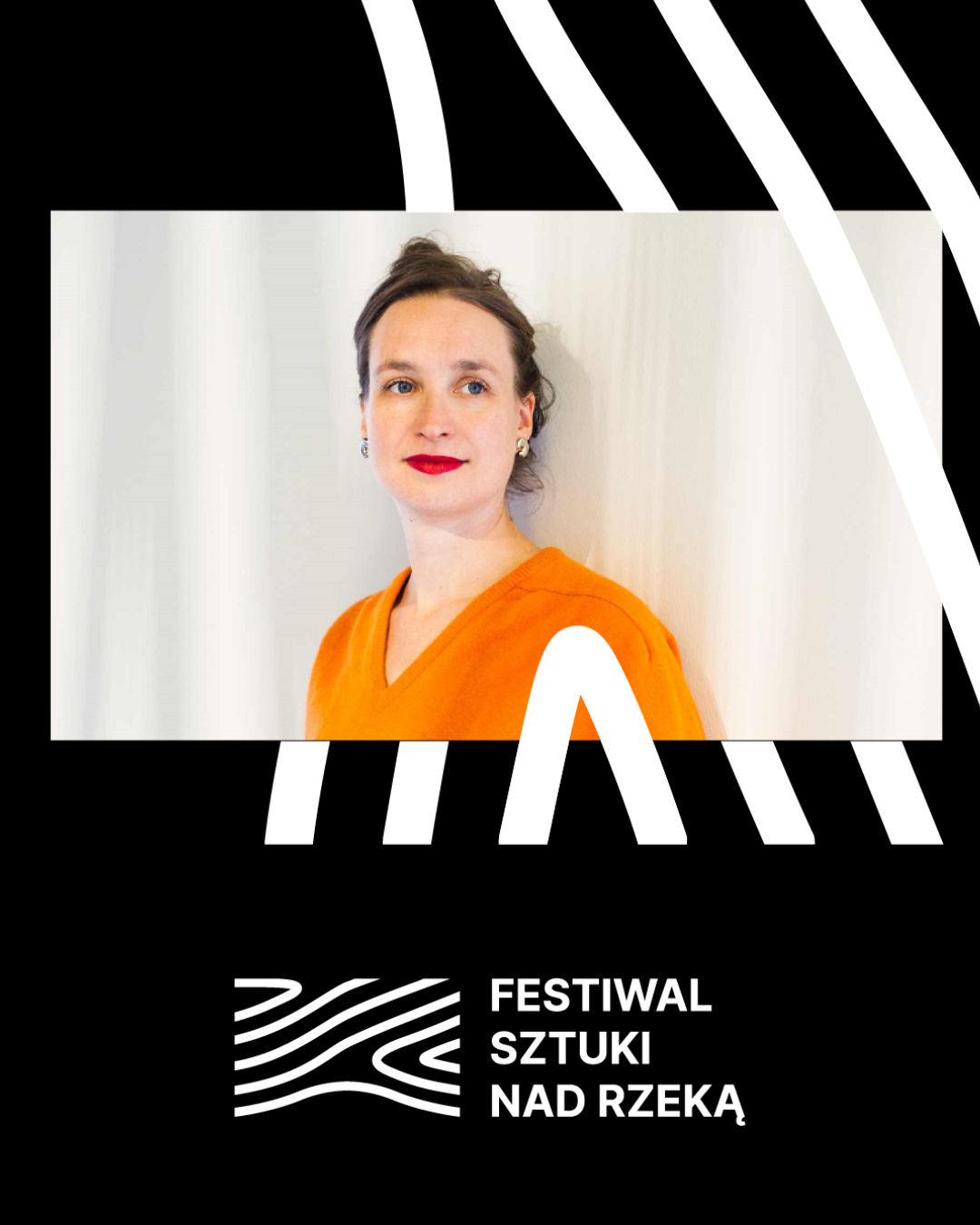 Alicja Bielawska Portret kobiety i napis: Festiwal sztuki nad rzeką.