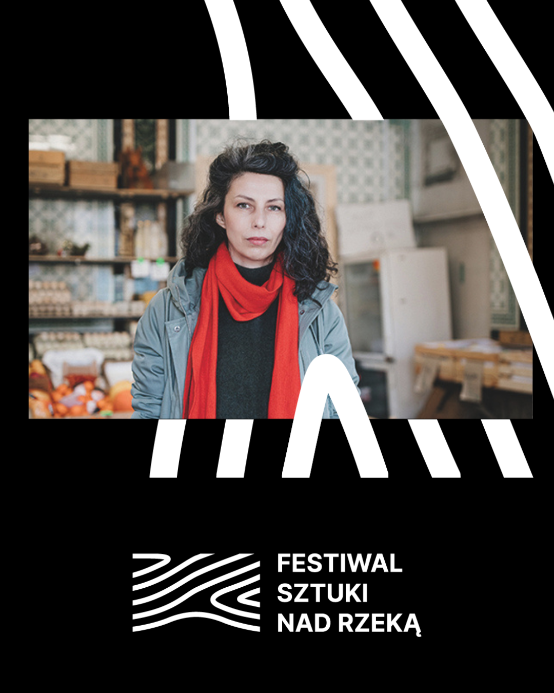 Franczak Portret kobiety i napis: Festiwal sztuki nad rzeką.