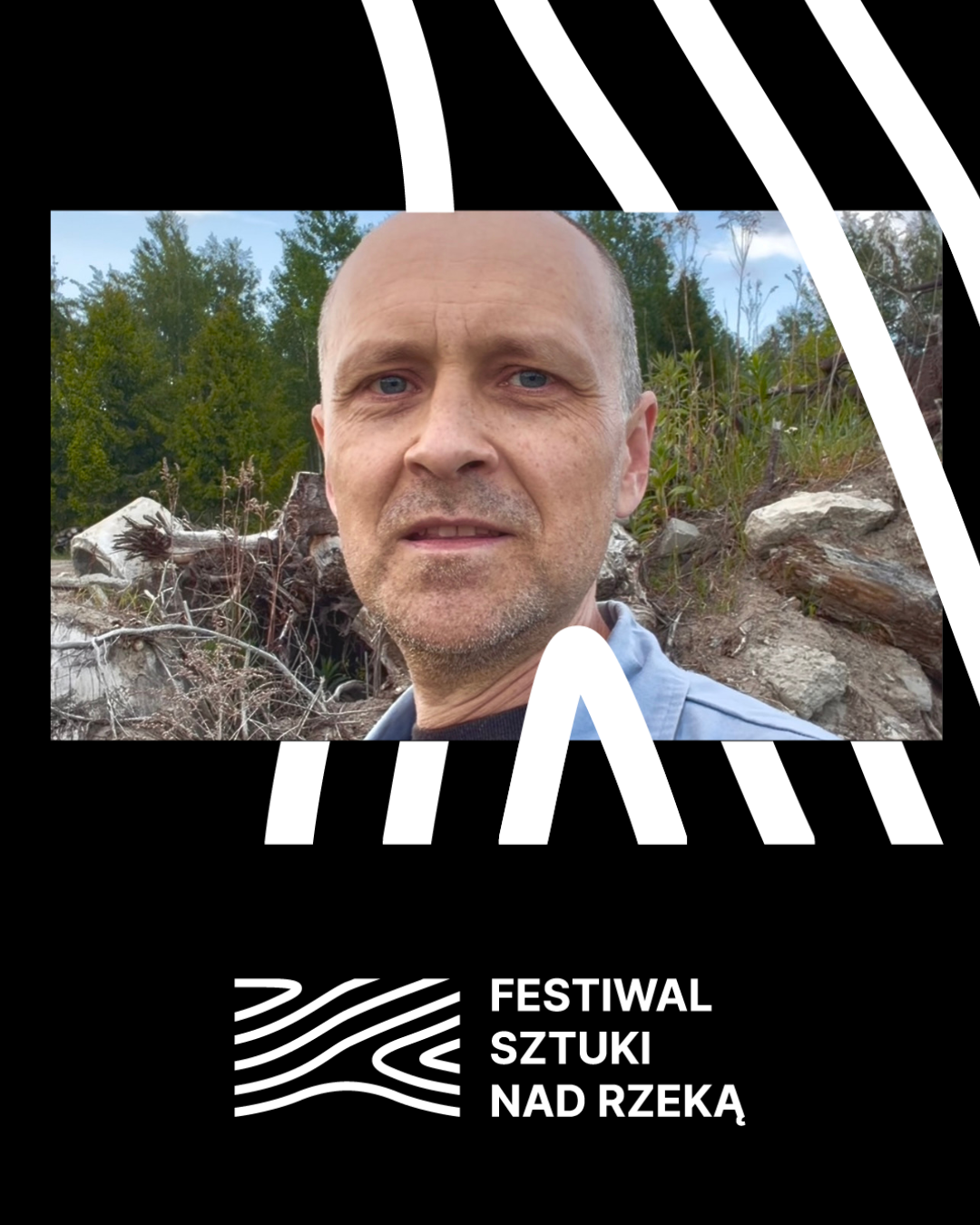Gilewicz Portret mężczyzny i napis: Festiwal sztuki nad rzeką.