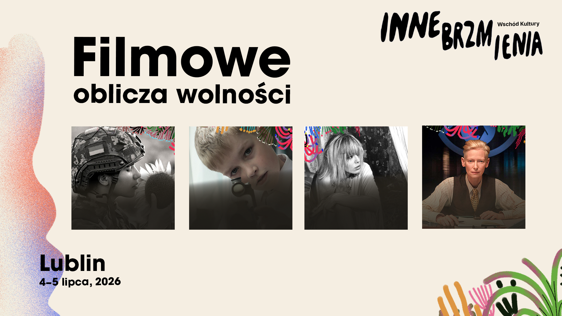 Kolaż 4 zdjęć zapowiadający filmy na festiwalu Inne Brzmienia.
