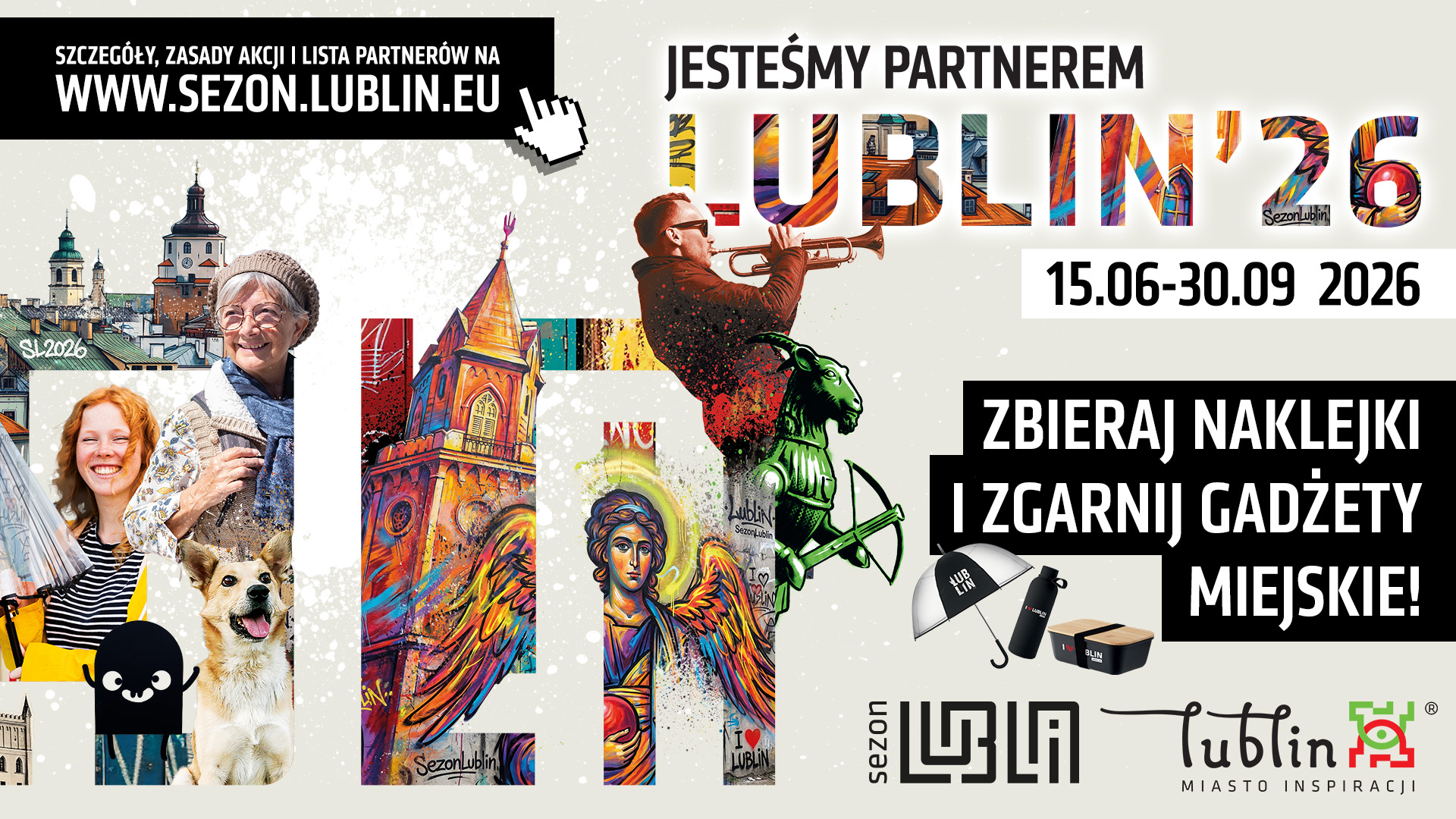 Grafika z uśmiechniętymi osobami, aniołem i Wierzą Trynitarską. Napis: Jesteśmy partnerem Lublin 26. 15.06-30.09 2026. Zbieraj naklejki i zgarniaj gadżety miejskie!