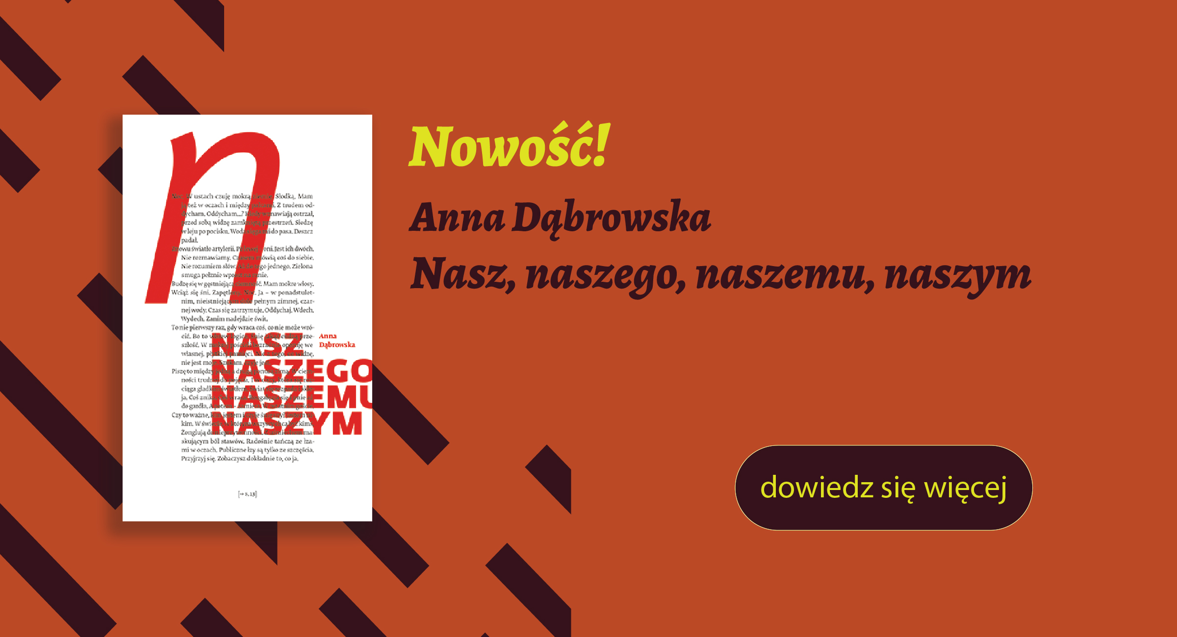 Okładka książki i napis: Nowość! Anna Dąbrowska Nasz. Naszego, Naszemu, Naszym.
