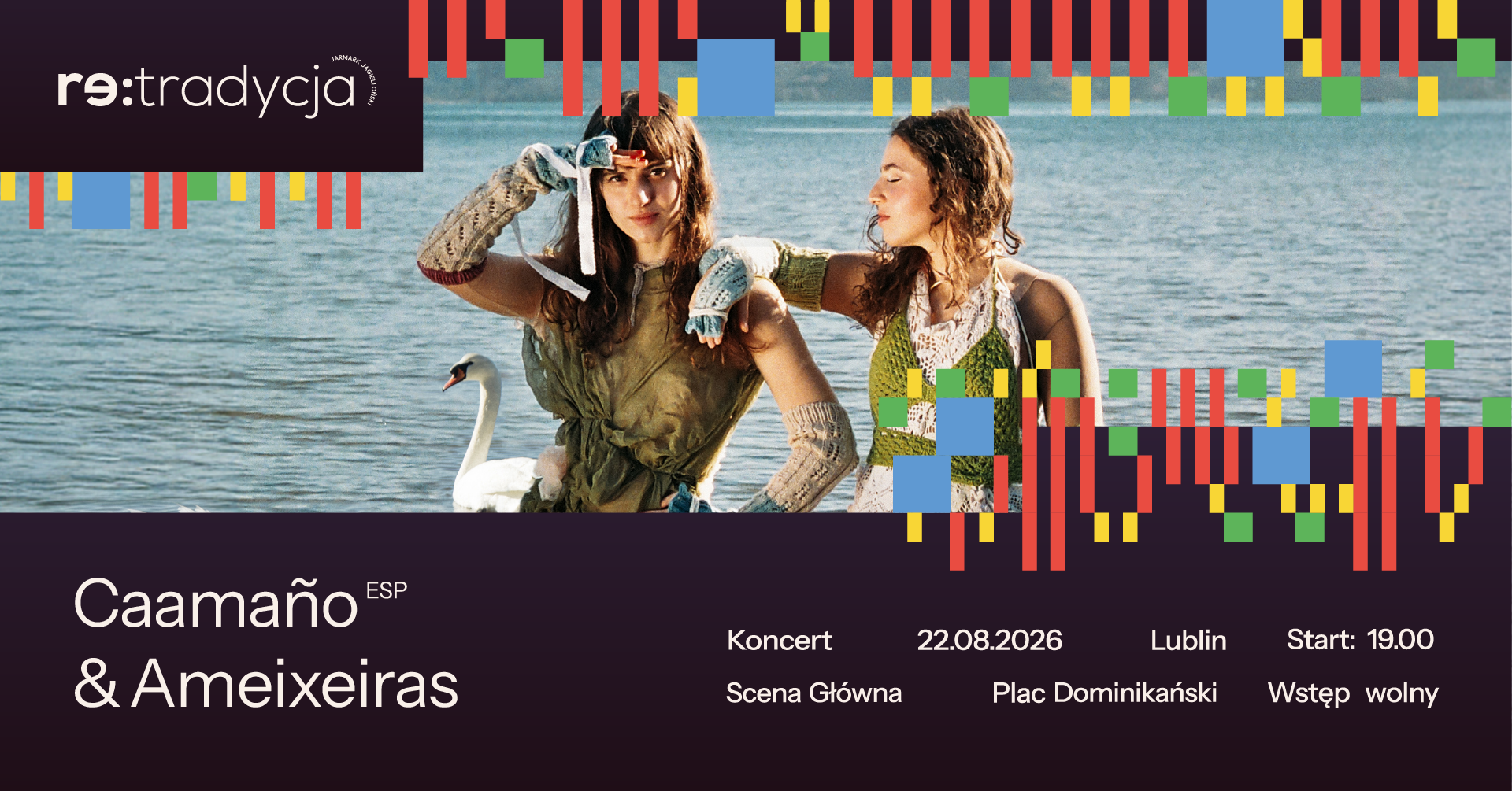 Dwie kobiety siedzą na plaży. Napis: Caamaño&Ameixeiras koncert.